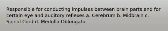 Responsible for conducting impulses between brain parts and for certain eye and auditory reflexes a. Cerebrum b. Midbrain c. Spinal Cord d. Medulla Oblongata