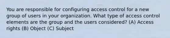 You are responsible for configuring access control for a new group of users in your organization. What type of access control elements are the group and the users considered? (A) Access rights (B) Object (C) Subject