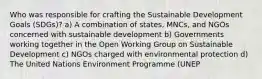 Who was responsible for crafting the Sustainable Development Goals (SDGs)? a) A combination of states, MNCs, and NGOs concerned with sustainable development b) Governments working together in the Open Working Group on Sustainable Development c) NGOs charged with environmental protection d) The United Nations Environment Programme (UNEP