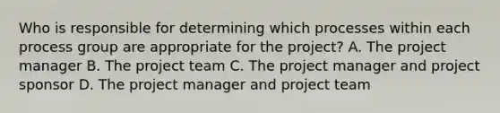 Who is responsible for determining which processes within each process group are appropriate for the project? A. The project manager B. The project team C. The project manager and project sponsor D. The project manager and project team