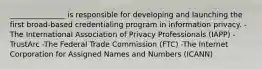 _______________ is responsible for developing and launching the first broad-based credentialing program in information privacy. -The International Association of Privacy Professionals (IAPP) -TrustArc -The Federal Trade Commission (FTC) -The Internet Corporation for Assigned Names and Numbers (ICANN)