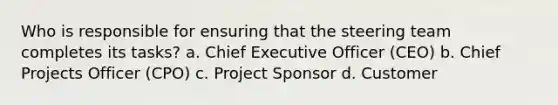 Who is responsible for ensuring that the steering team completes its tasks? a. Chief Executive Officer (CEO) b. Chief Projects Officer (CPO) c. Project Sponsor d. Customer