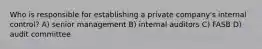 Who is responsible for establishing a private company's internal control? A) senior management B) internal auditors C) FASB D) audit committee