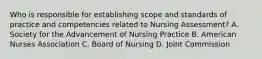 Who is responsible for establishing scope and standards of practice and competencies related to Nursing Assessment? A. Society for the Advancement of Nursing Practice B. American Nurses Association C. Board of Nursing D. Joint Commission