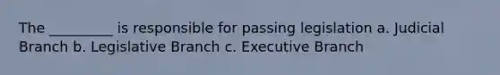 The _________ is responsible for passing legislation a. Judicial Branch b. Legislative Branch c. Executive Branch