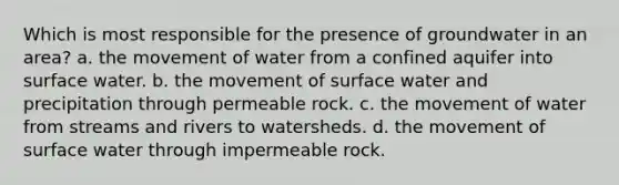 Which is most responsible for the presence of groundwater in an area? a. the movement of water from a confined aquifer into surface water. b. the movement of surface water and precipitation through permeable rock. c. the movement of water from streams and rivers to watersheds. d. the movement of surface water through impermeable rock.