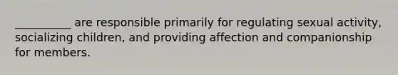 __________ are responsible primarily for regulating sexual activity, socializing children, and providing affection and companionship for members.