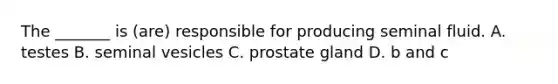 The _______ is (are) responsible for producing seminal fluid. A. testes B. seminal vesicles C. prostate gland D. b and c