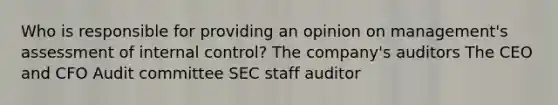 Who is responsible for providing an opinion on management's assessment of internal control? The company's auditors The CEO and CFO Audit committee SEC staff auditor