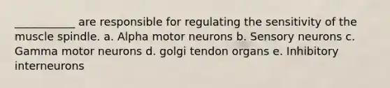 ___________ are responsible for regulating the sensitivity of the muscle spindle. a. Alpha motor neurons b. Sensory neurons c. Gamma motor neurons d. golgi tendon organs e. Inhibitory interneurons