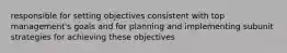 responsible for setting objectives consistent with top management's goals and for planning and implementing subunit strategies for achieving these objectives