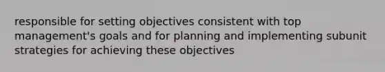 responsible for setting objectives consistent with top management's goals and for planning and implementing subunit strategies for achieving these objectives