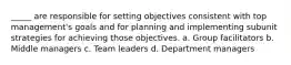 _____ are responsible for setting objectives consistent with top management's goals and for planning and implementing subunit strategies for achieving those objectives. a. Group facilitators b. Middle managers c. Team leaders d. Department managers