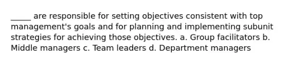 _____ are responsible for setting objectives consistent with top management's goals and for planning and implementing subunit strategies for achieving those objectives. a. Group facilitators b. Middle managers c. Team leaders d. Department managers