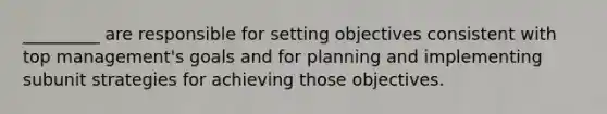 _________ are responsible for setting objectives consistent with top management's goals and for planning and implementing subunit strategies for achieving those objectives.