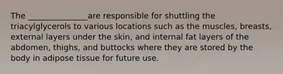 The _______________are responsible for shuttling the triacylglycerols to various locations such as the muscles, breasts, external layers under the skin, and internal fat layers of the abdomen, thighs, and buttocks where they are stored by the body in adipose tissue for future use.