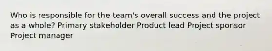 Who is responsible for the team's overall success and the project as a whole? Primary stakeholder Product lead Project sponsor Project manager