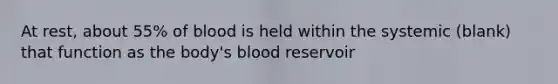 At rest, about 55% of blood is held within the systemic (blank) that function as the body's blood reservoir