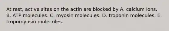 At rest, active sites on the actin are blocked by A. calcium ions. B. ATP molecules. C. myosin molecules. D. troponin molecules. E. tropomyosin molecules.