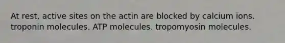 At rest, active sites on the actin are blocked by calcium ions. troponin molecules. ATP molecules. tropomyosin molecules.