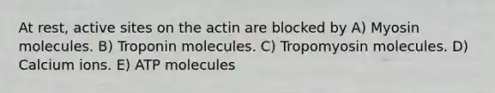 At rest, active sites on the actin are blocked by A) Myosin molecules. B) Troponin molecules. C) Tropomyosin molecules. D) Calcium ions. E) ATP molecules