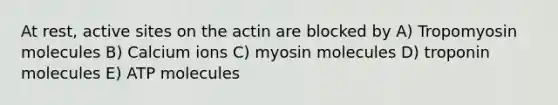 At rest, active sites on the actin are blocked by A) Tropomyosin molecules B) Calcium ions C) myosin molecules D) troponin molecules E) ATP molecules