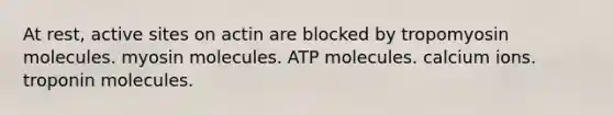 At rest, active sites on actin are blocked by tropomyosin molecules. myosin molecules. ATP molecules. calcium ions. troponin molecules.