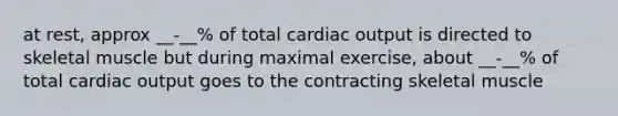 at rest, approx __-__% of total cardiac output is directed to skeletal muscle but during maximal exercise, about __-__% of total cardiac output goes to the contracting skeletal muscle