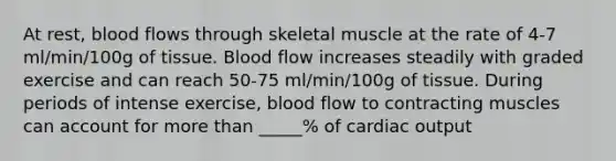 At rest, blood flows through skeletal muscle at the rate of 4-7 ml/min/100g of tissue. Blood flow increases steadily with graded exercise and can reach 50-75 ml/min/100g of tissue. During periods of intense exercise, blood flow to contracting muscles can account for more than _____% of cardiac output