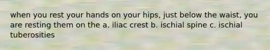 when you rest your hands on your hips, just below the waist, you are resting them on the a. iliac crest b. ischial spine c. ischial tuberosities