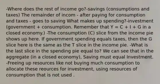 -Where does the rest of income go?-savings (consumptions and taxes) The remainder of incom - after paying for consumption and taxes - goes to saving What makes up spending?-investment (government + consumption. Remember that Y = C + I + G in a closed economy.) -The consumption (C) slice from the income pie shows up here. If government spending equals taxes, then the G slice here is the same as the T slice in the income pie. -What is the last slice in the spending pie equal to? We can see that in the aggregate (in a closed economy), Saving must equal Investment. -Freeing up resources like not buying much consumption to allocate these reources for investment, using resources of consumption that is not used .