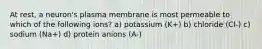 At rest, a neuron's plasma membrane is most permeable to which of the following ions? a) potassium (K+) b) chloride (Cl-) c) sodium (Na+) d) protein anions (A-)