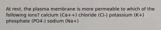 At rest, the plasma membrane is more permeable to which of the following ions? calcium (Ca++) chloride (Cl-) potassium (K+) phosphate (PO4-) sodium (Na+)