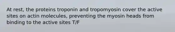 At rest, the proteins troponin and tropomyosin cover the active sites on actin molecules, preventing the myosin heads from binding to the active sites T/F