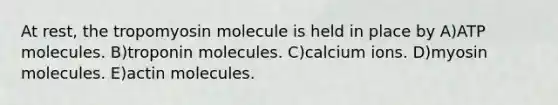 At rest, the tropomyosin molecule is held in place by A)ATP molecules. B)troponin molecules. C)calcium ions. D)myosin molecules. E)actin molecules.