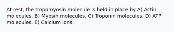 At rest, the tropomyosin molecule is held in place by A) Actin molecules. B) Myosin molecules. C) Troponin molecules. D) ATP molecules. E) Calcium ions.