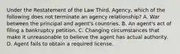 Under the Restatement of the Law Third, Agency, which of the following does not terminate an agency relationship? A. War between the principal and agent's countries. B. An agent's act of filing a bankruptcy petition. C. Changing circumstances that make it unreasonable to believe the agent has actual authority. D. Agent fails to obtain a required license.