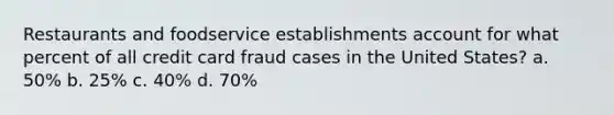 Restaurants and foodservice establishments account for what percent of all credit card fraud cases in the United States? a. 50% b. 25% c. 40% d. 70%