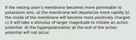 If the resting axon's membrane becomes more permeable to potassium ions, a) the membrane will depolarize more rapidly b) the inside of the membrane will become more positively charged c) it will take a stimulus of larger magnitude to initiate an action potential. d) the hyperpolarization at the end of the action potential will not occur.