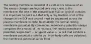 The resting membrane potential of a cell exists because of an The excess charges are located only very close to the membrane; the rest of the extracellular fluid or cytosol contains It is important to point out that only a tiny fraction of all of the charges in the ECF and cytosol must be separated across the plasma membrane in order to establish the normal resting membrane potential. By convention, membrane potential always compares the amount of . In neurons, the resting membrane potential ranges from − A typical value is . A cell that exhibits a membrane potential is said to be . Most body cells are polarized; the membrane potential varies from