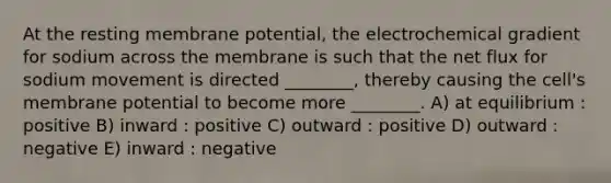 At the resting membrane potential, the electrochemical gradient for sodium across the membrane is such that the net flux for sodium movement is directed ________, thereby causing the cell's membrane potential to become more ________. A) at equilibrium : positive B) inward : positive C) outward : positive D) outward : negative E) inward : negative