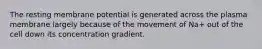 The resting membrane potential is generated across the plasma membrane largely because of the movement of Na+ out of the cell down its concentration gradient.