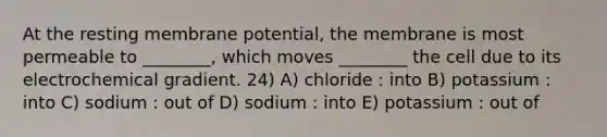 At the resting membrane potential, the membrane is most permeable to ________, which moves ________ the cell due to its electrochemical gradient. 24) A) chloride : into B) potassium : into C) sodium : out of D) sodium : into E) potassium : out of