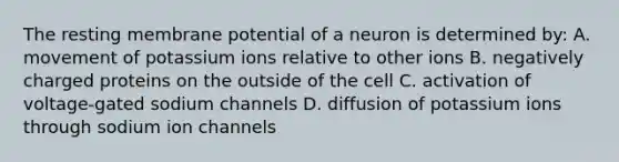 The resting membrane potential of a neuron is determined by: A. movement of potassium ions relative to other ions B. negatively charged proteins on the outside of the cell C. activation of voltage-gated sodium channels D. diffusion of potassium ions through sodium ion channels