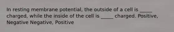 In resting membrane potential, the outside of a cell is _____ charged, while the inside of the cell is _____ charged. Positive, Negative Negative, Positive