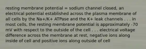 resting membrane potential = sodium channel closed, an electrical potential established across the plasma membrane of all cells by the Na+/K+ ATPase and the K+ leak channels . . . in most cells, the resting membrane potential is approximately -70 mV with respect to the outside of the cell . . . electrical voltage difference across the membrane at rest, negative ions along inside of cell and positive ions along outside of cell