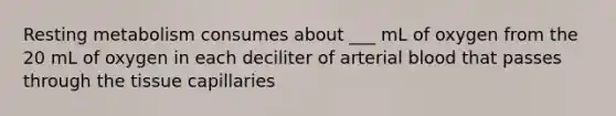 Resting metabolism consumes about ___ mL of oxygen from the 20 mL of oxygen in each deciliter of arterial blood that passes through the tissue capillaries