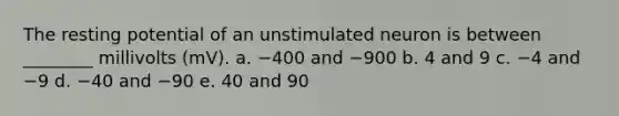 The resting potential of an unstimulated neuron is between ________ millivolts (mV). a. −400 and −900 b. 4 and 9 c. −4 and −9 d. −40 and −90 e. 40 and 90