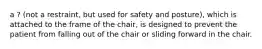 a ? (not a restraint, but used for safety and posture), which is attached to the frame of the chair, is designed to prevent the patient from falling out of the chair or sliding forward in the chair.