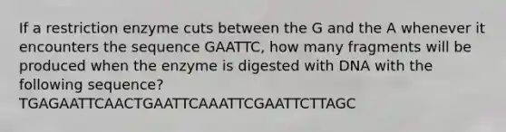 If a restriction enzyme cuts between the G and the A whenever it encounters the sequence GAATTC, how many fragments will be produced when the enzyme is digested with DNA with the following sequence? TGAGAATTCAACTGAATTCAAATTCGAATTCTTAGC